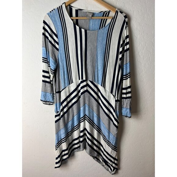 Chico's Sz 2 US 12 - Large Striped Tunic Top Blue White Black - Picture 1 of 7